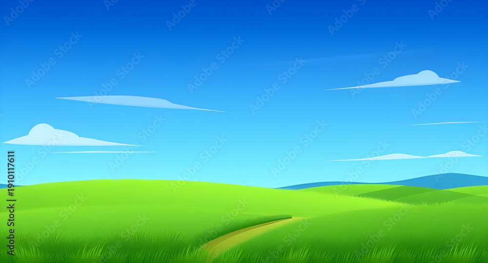 Obraz premium landscape, nature, field, grass, green, meadow, pasture, plain, countryside, rural, outdoor, scenery, horizon, farmland, sky, blue, clouds, cloudscape, daylight, sunlight, sunny, bright, fresh, calm, 