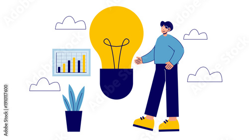 A businessman standing next to a giant glowing light bulb symbolizing inspiration