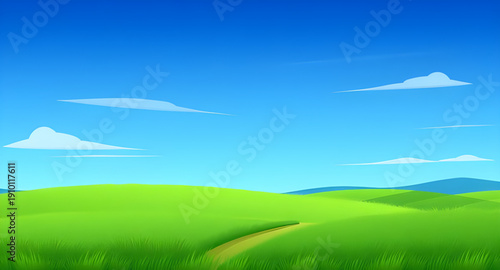 landscape, nature, field, grass, green, meadow, pasture, plain, countryside, rural, outdoor, scenery, horizon, farmland, sky, blue, clouds, cloudscape, daylight, sunlight, sunny, bright, fresh, calm, 