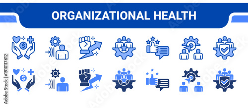 Organizational Health Icon Collection,  featuring Wellbeing, Resilience, Motivation, Engagement, Satisfaction, Purpose, Integrity.