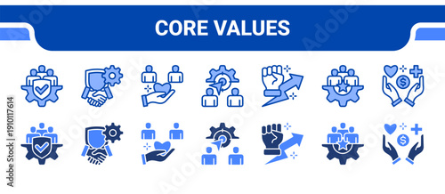 Core Values Icon Collection,  featuring Integrity, Trust, Empathy, Purpose, Motivation, Employee engagement, Wellbeing.