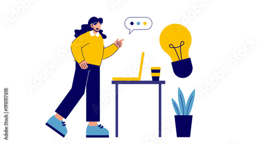 A professional woman working at a desk getting a sudden creative inspiration