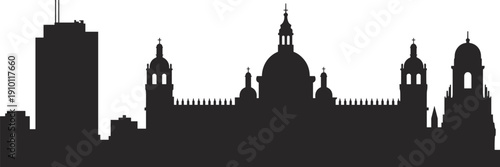 Mexico City skyline silhouette panorama with Metropolitan Cathedral historic buildings and modern skyscrapers black vector illustration isolated on white background