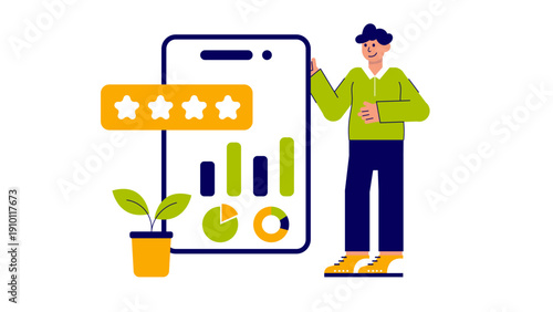 A businessman standing next to a large mobile phone displaying a four star rating and data charts