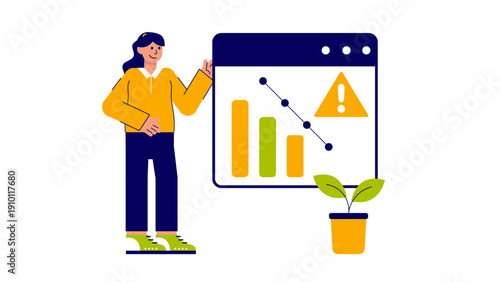 A businesswoman standing next to a computer screen showing a declining bar chart and a warning sign