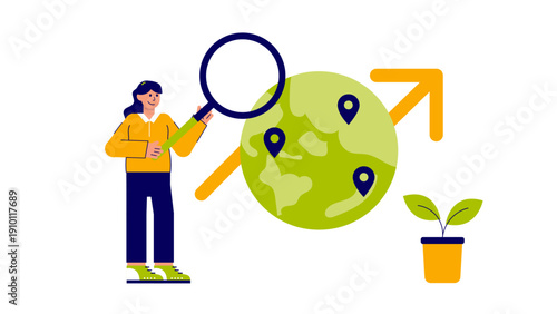 A person using a magnifying glass to look at locations on a globe with an upward growth arrow