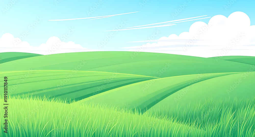 Fototapeta premium landscape, meadow, grassland, greenfield, field, pasture, lawn, nature, scenery, countryside, rural, outdoor, horizon, plains, farmland, sky, bluesky, clouds, cloudscape, daylight, sunshine, sunny, br
