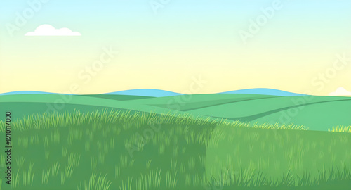 landscape, nature, grass, green, meadow, field, pasture, plain, countryside, rural, outdoor, scenery, horizon, farmland, sky, blue, clouds, cloudscape, daylight, sunlight, sunny, bright, fresh, calm, 