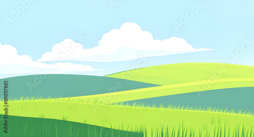nature, landscape, field, grass, green, meadow, pasture, plain, countryside, rural, outdoor, scenery, horizon, farmland, sky, blue, clouds, cloudscape, daylight, sunlight, sunny, bright, fresh, calm, 