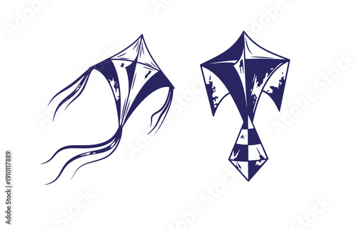 Grunge texture Two blue kites flying in the air with tails and diamondshaped wings recreational outdoor toy for kids and adults Vintage Style