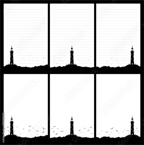 Six-frame monochrome grid showing a lighthouse silhouette on a coastal horizon, minimalist high-contrast graphic with plenty of copy space.