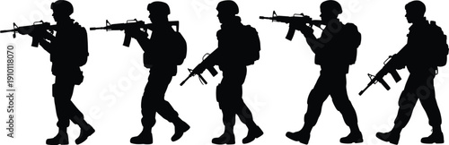 Military soldier silhouette collection, armed forces patrol poses set, tactical army personnel figures, isolated black vector illustration, defense security concept design pack