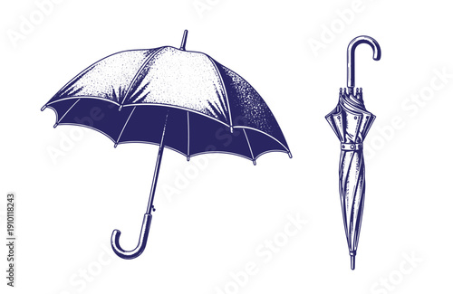 Grunge texture Two blue umbrellas one open and one closed on white background  illustration Vintage Style