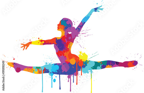Vibrant watercolor silhouette of female gymnast performing split leap with colorful paint splatter for dance studio branding