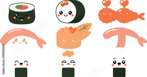 Kawaii Sushi and Onigiri Character Icon Set  Cute Japanese Food Friends
