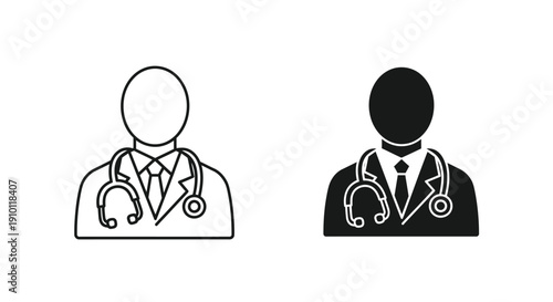 Set of two simple black and white doctor icons featuring a stethoscope and professional attire