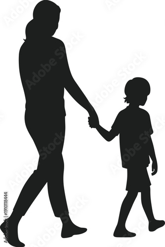 Mother and child walking hand in hand silhouette family care concept black vector illustration isolated on white background