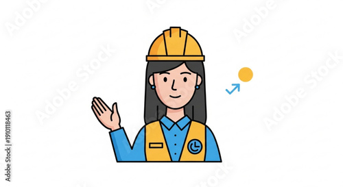 Female construction worker wearing safety gear waves hand in greeting with optimism and sunshine