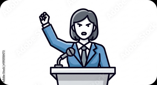 Businesswoman giving a passionate speech from a podium with microphone fist raised in determination and confidence conveying leadership and public speaking