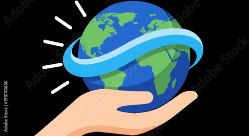Hand holding earth with blue ribbon symbolizing environmental care and conservation against a black background with radiant lines