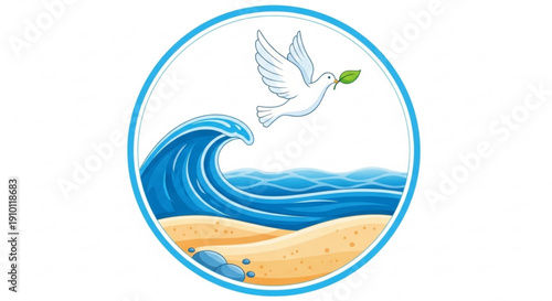 Peaceful dove flying over ocean wave on sandy beach with green leaf in beak