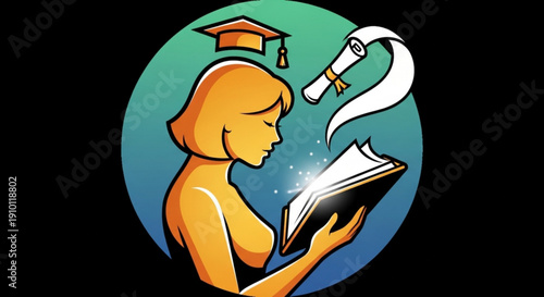 Woman reading book with graduation cap and diploma symbolizing education and learning