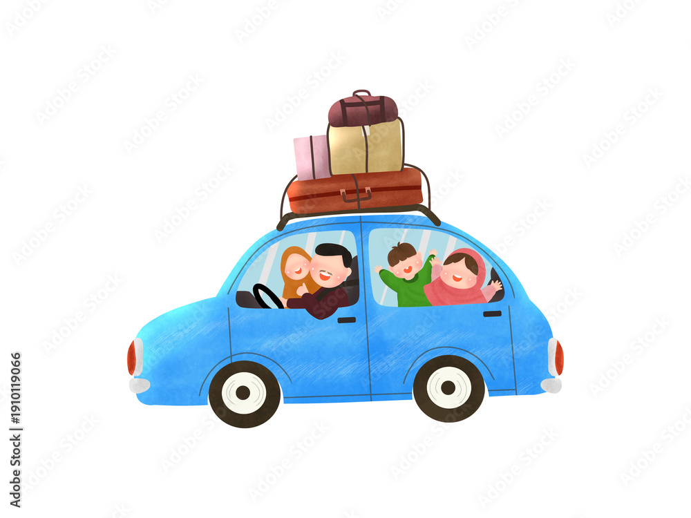 Fototapeta premium Family Embarks on Road Trip in Blue Car Packed with Luggage and Excitement