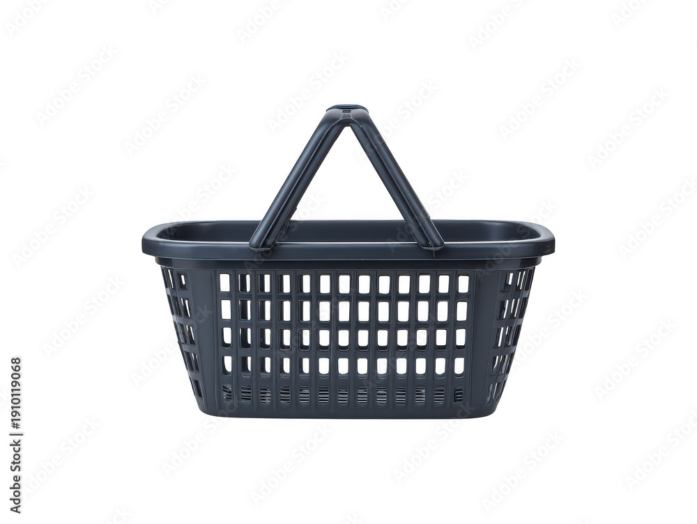 Fototapeta premium Blue plastic shopping basket with handles, empty and isolated on a transparent background for commercial use