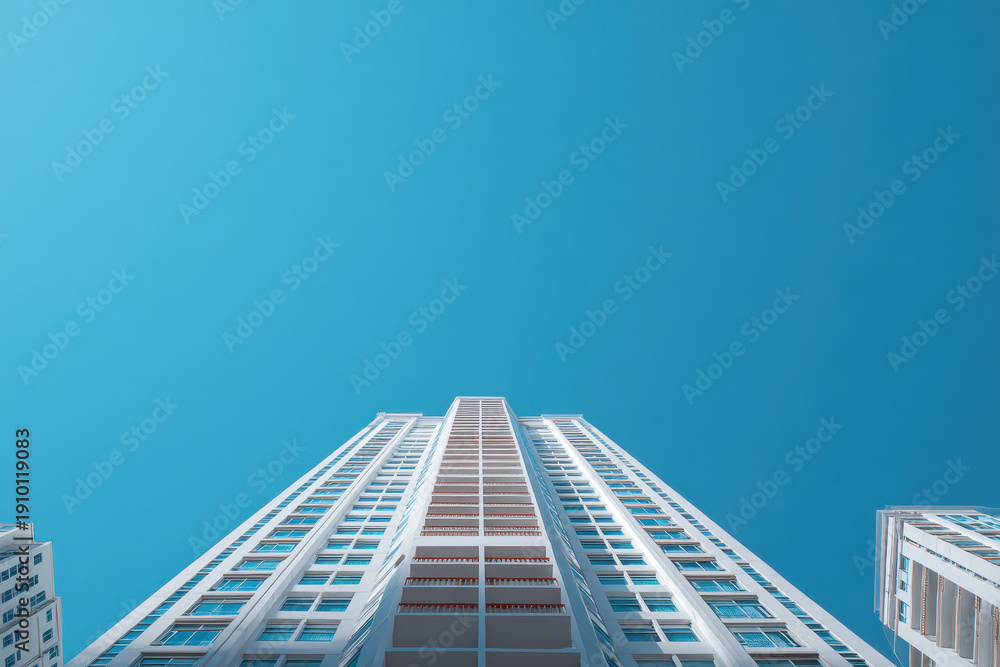 Obraz premium Urban High-Rise Building Reaching Towards the Blue Sky With Sharp Lines and Minimal Design Against a Clear Backdrop in Daylight
