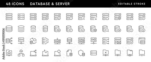 Database icon collection. Server icon set. Storage, cloud, computing, web server, hosting, data center and more. Editable stroke. Pixel Perfect. Grid base 32 x 32.