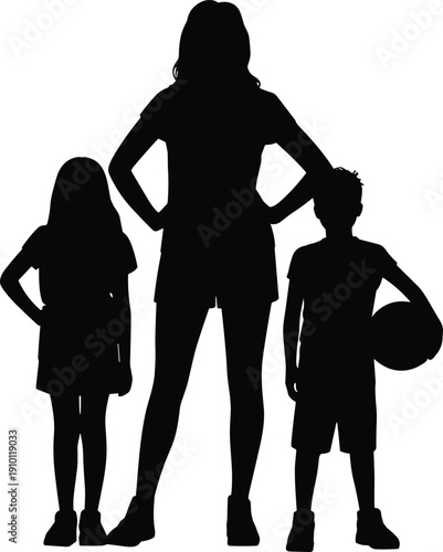 Mother standing with two children silhouette family concept mom with daughter and son holding basketball black vector illustration isolated