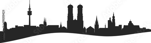Munich skyline silhouette, Germany cityscape panorama with famous landmarks and historic architecture, urban travel illustration isolated on white background for design