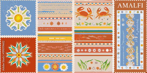 A collection of colorful decorative postage stamps with amalfi text