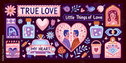 A colorful illustration depicting symbols and scenes of true love and affection
