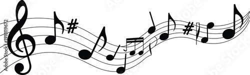Musical notes flowing on staff line silhouette illustration featuring treble clef melody rhythm song sound music symbol isolated black vector design