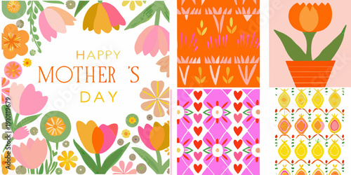 A colorful mother s day collage featuring tulips hearts and floral patterns