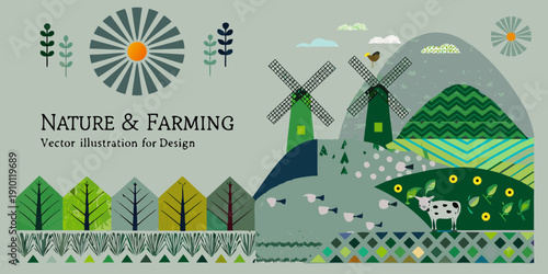 A colorful vector illustration depicting a pastoral farming landscape scene