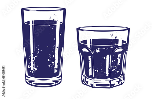 Grunge texture Two glasses of water with a vintage paint splatter effect on a clean white surface side by side Vintage Style