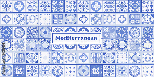 A seamless pattern of traditional blue and white mediterranean tiles