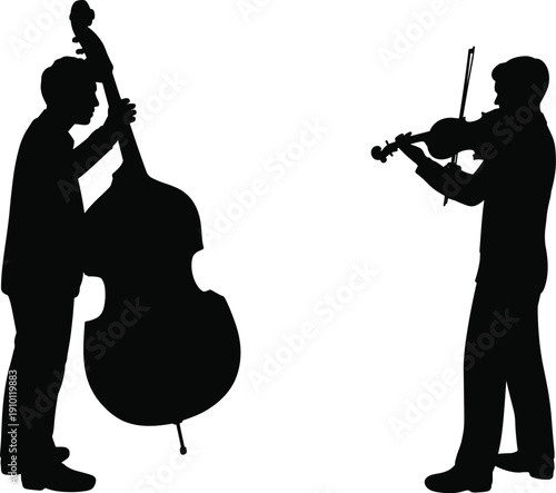 Musician silhouettes with violin and double bass, classical music performers illustration isolated on white background elegant orchestra vector design