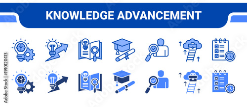Knowledge Advancement Icon Collection,  featuring Knowledge, Innovation, Research, Academic, Prospect, Career advancement, Planning.
