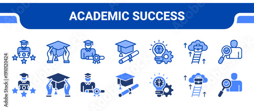 Academic Success Icon Collection,  featuring Cum laude, Graduation, Diploma, Academic, Knowledge, Career advancement, Prospect.