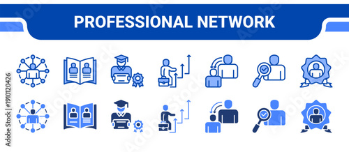 Professional Network Icon Collection,  featuring Networking, Alumni, Graduate, Career, Mentorship, Prospect, Branding.