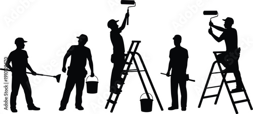 Painter worker silhouette collection, house painting and renovation people set, construction maintenance activity figures, isolated black vector illustration, professional occupation design pack