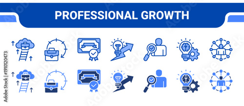Professional Growth Icon Collection,  featuring Career advancement, Work experience, Certification, Innovation, Prospect, Knowledge, Networking.