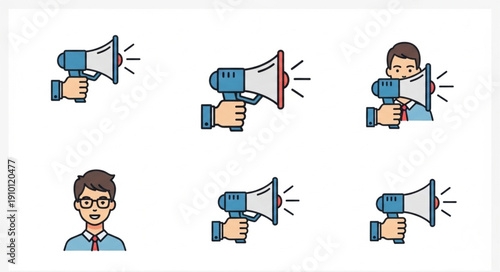Collection of Megaphone Icons and Person Illustrations.