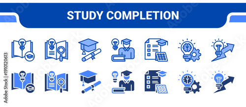 Study Completion Icon Collection,  featuring Dissertation, Research, Academic, Professor, Curriculum, Knowledge, Innovation.