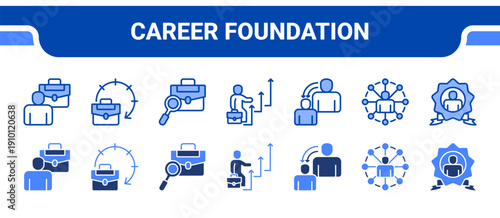 Career Foundation Icon Collection,  featuring Internship, Work experience, Job search, Career, Mentorship, Networking, Branding.