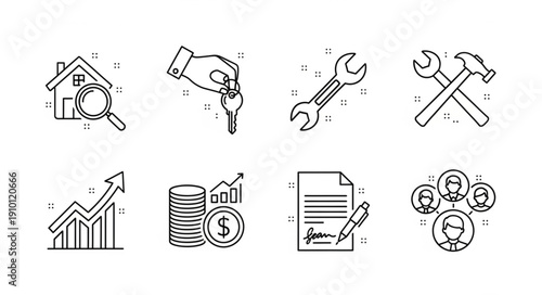 Collection of business and finance icons in line art style.