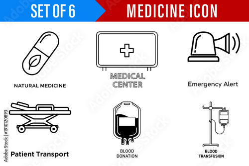 A Set of Six Functional and Simple Minimalist Line Art Medicine Icons for Healthcare and Web Design